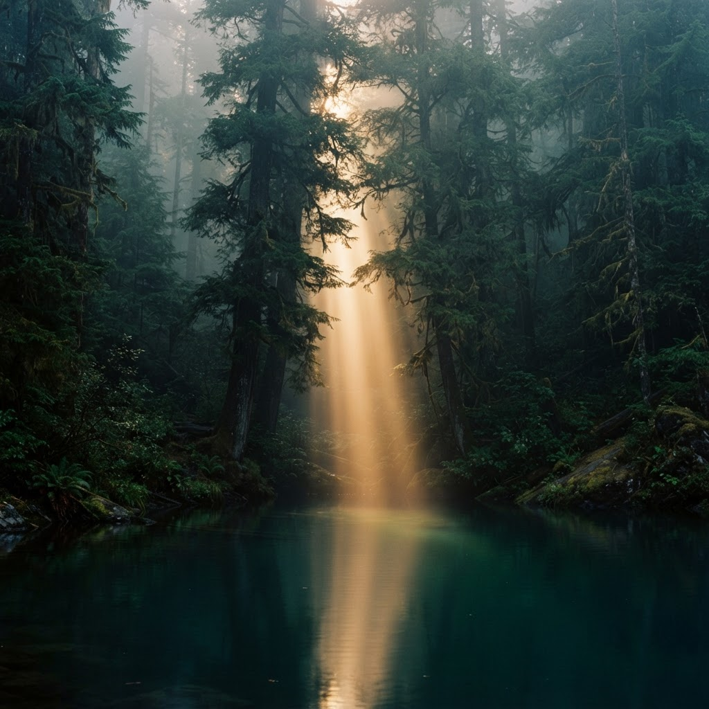 A shaft of light meeting still water in an old-growth forest