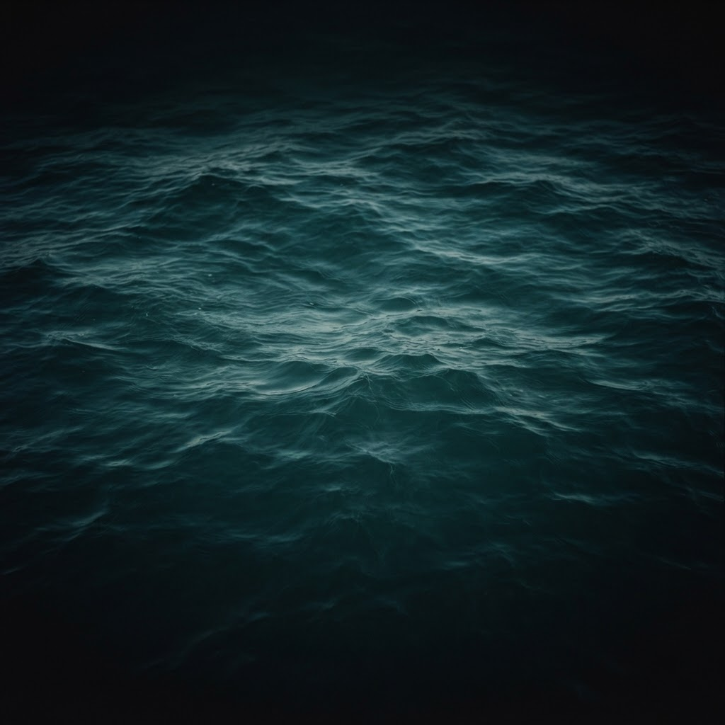 Dark, still teal ocean water at dusk