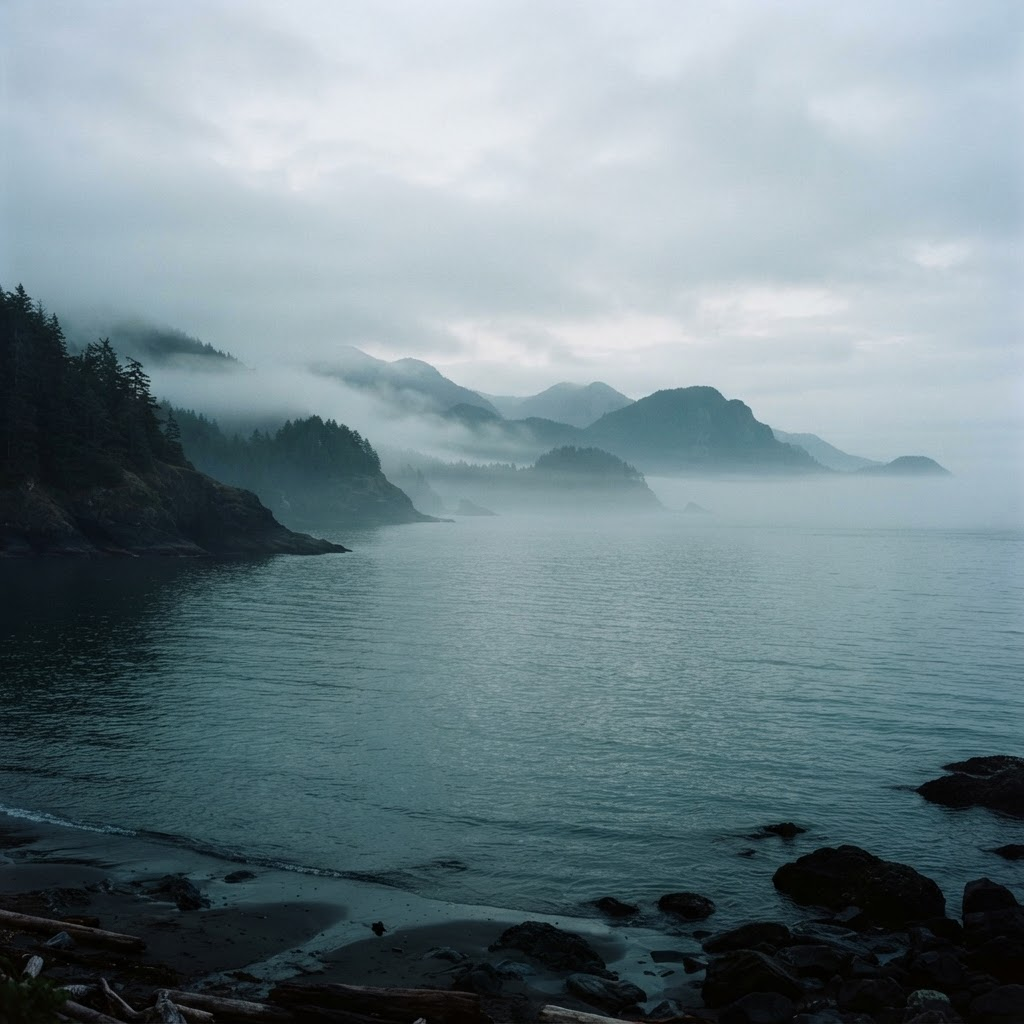 Misty coastline at dawn where teal water meets fog